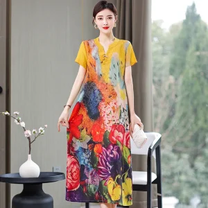 Elegant Print short Sleeve Summer Dresses Casual O Neck A LIne Women Dress Vintage Party Bohemian Vestidos