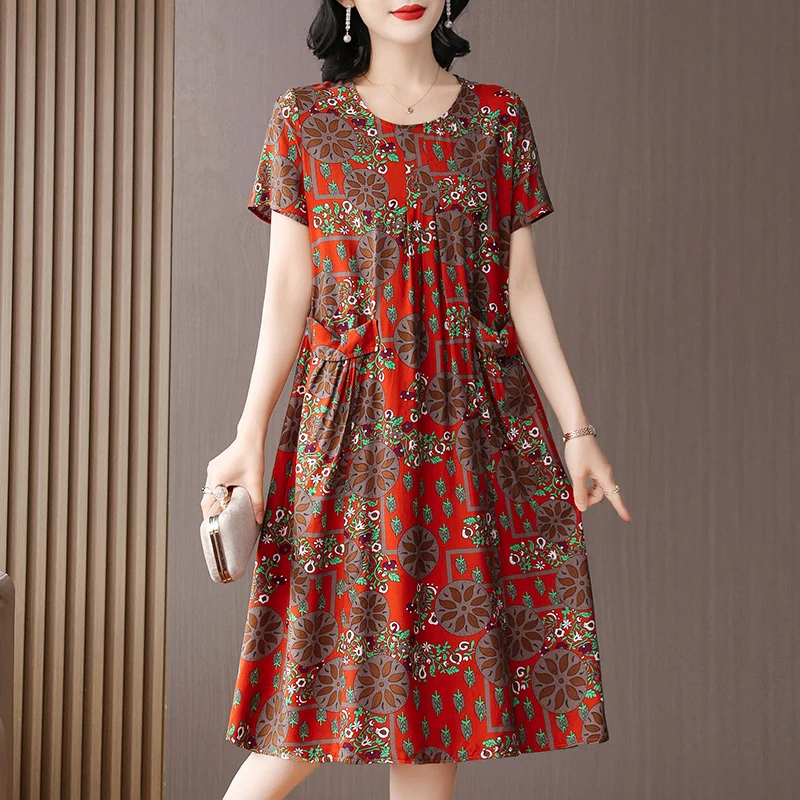 New Fashion 2025 Casual O-Neck Dresses Clothes Vintage Elegant Vestidos Short Sleeve Print Floral Plus Size Women Summer Dress - Image 2