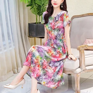 New Fashion Casual 2025 Summer Vintage Dresses O-Neck Print Floral Elegant Party Dress For Women Slim Plus Size Women Clothing