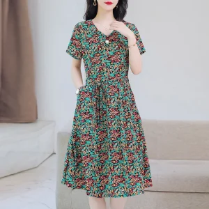 New Fashion Causal Summer Dresses For Women 2024 Vintage Short Sleeve V-Neck Floral Women Print Dress Women Clothing