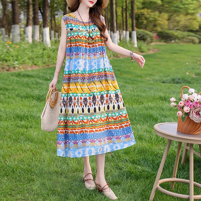 New Hot Fashion Arrival Casual 2025 Summer Dress For Women Print Loose O-Neck Cotton Women Clothing Dresses Plus Size - Image 5