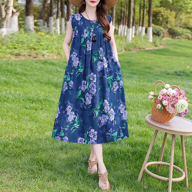 New Hot Fashion Arrival Casual 2025 Summer Dress For Women Print Loose O-Neck Cotton Women Clothing Dresses Plus Size - Image 3