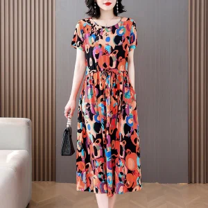 New Fashion Women summer Dress For Women Floral Print short Sleeve Elegant Vintage O-Neck Plus size Dresses Women Clothing