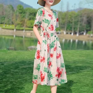 Party Femme Robe 2023 Plus Size Beach style Dresses For Women Casual Summer плать Elegant V-neck cotton and linen dresses