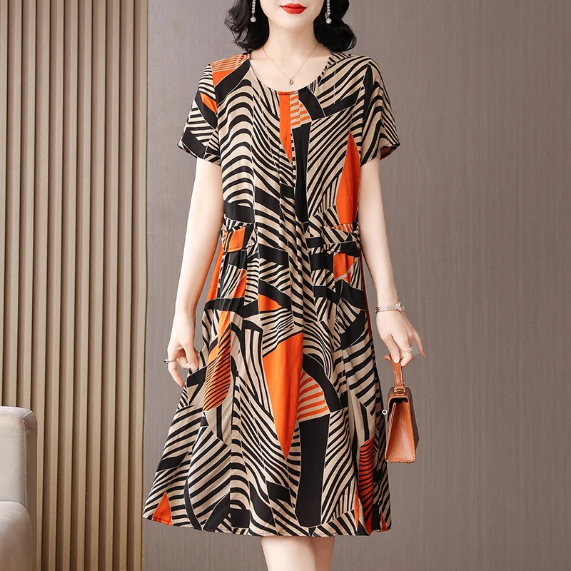 New Fashion 2025 Casual O-Neck Dresses Clothes Vintage Elegant Vestidos Short Sleeve Print Floral Plus Size Women Summer Dress