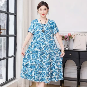 Women Dresses Summer 2025 O-Neck Floral Print Boho Beach Dress Short Sleeve A Line Dress Wrap Sundress Robe