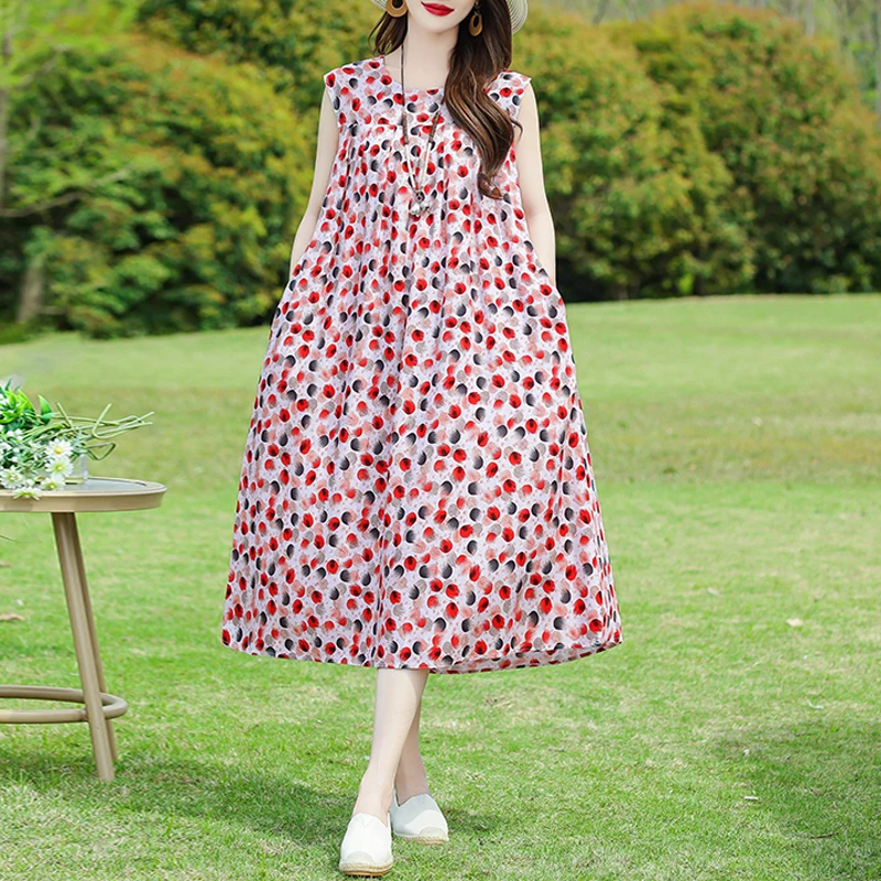 New Hot Fashion Arrival Casual 2025 Summer Dress For Women Print Loose O-Neck Cotton Women Clothing Dresses Plus Size - Image 4