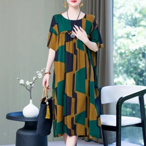 2023 Women Dresses Summer O-Neck Floral Print Boho Beach Dress Short Sleeve A Line Dress Wrap Sundress Robe