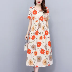 New Fashion Casual Summer Dresses For Women O-Neck Print Vintage Short Sleeve Elegant Floral Clothes Dress Loose Women Clothing
